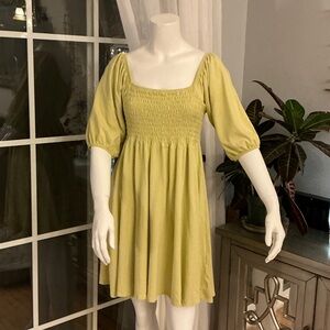 J. Crew Broken In Babydoll Smocked Mini Dress in Chartreuse Green Puff Sleeve SM